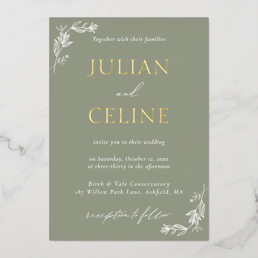 Sage Green Gold Minimalist White Greenery Wedding 箔招待状 (正面)