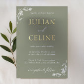 Sage Green Gold Minimalist White Greenery Wedding 箔招待状