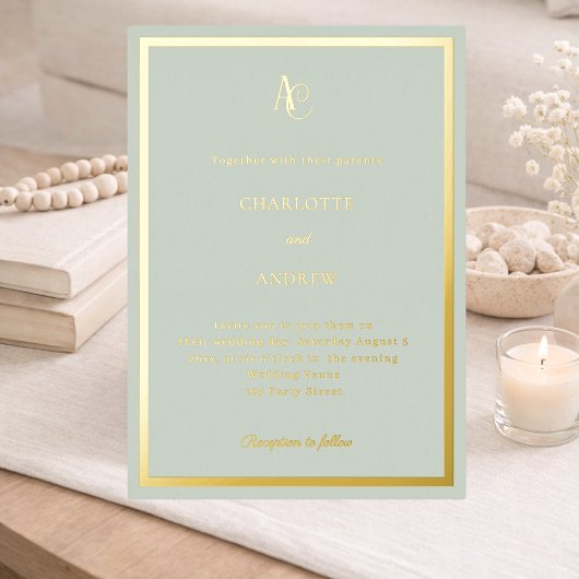 Sage green gold modern monogram luxury wedding 箔招待状