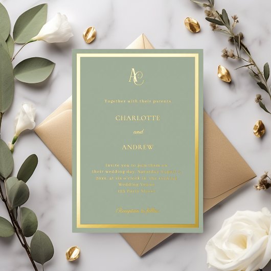 Sage green gold monogram luxury wedding 箔招待状