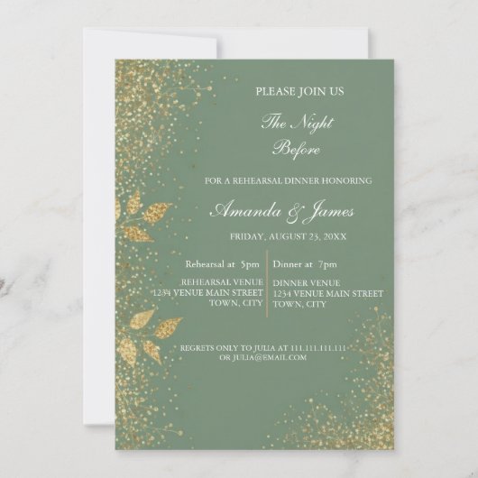 Sage Green Gold Photo Rehearsal Dinner Invitation 招待状 (正面)