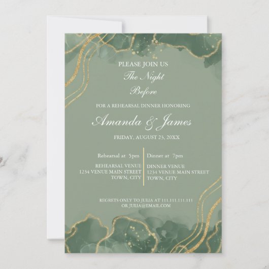Sage Green Gold Photo Watercolor Rehearsal Dinner  招待状 (正面)