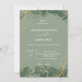 Sage Green Gold Photo Wedding Invitation 招待状