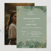 Sage Green Gold Photo Wedding Invitation  招待状 (正面/裏面)