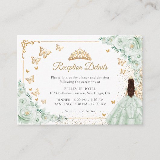 Sage Green Gold Quinceanera Reception Details エンクロージャーカード (正面)
