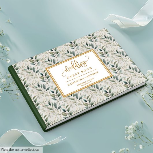 Sage green gold wedding guest book with leaves ゲストブック