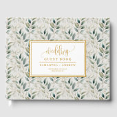 Sage green gold wedding guest book with leaves ゲストブック (正面)