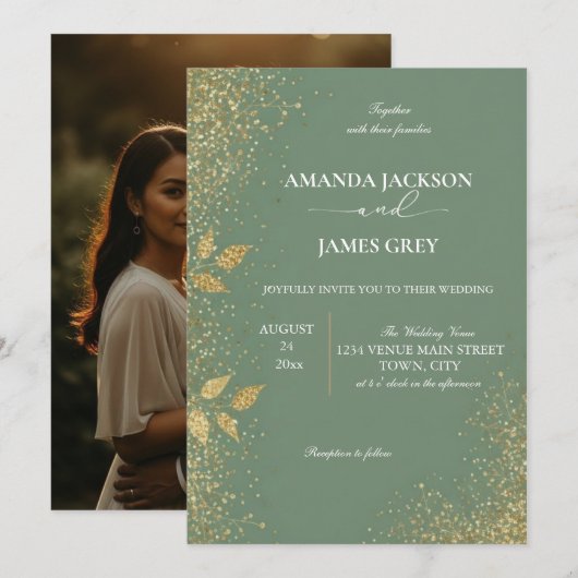 Sage Green & Gold Wedding Invitation 招待状 (正面/裏面)