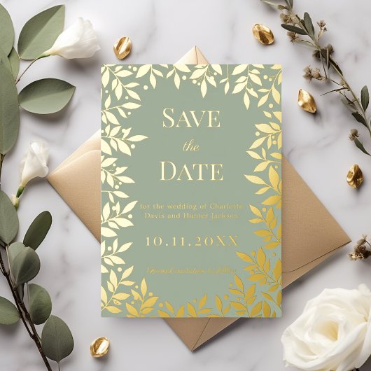 Sage green gold wedding Save the Date foil card 箔招待状