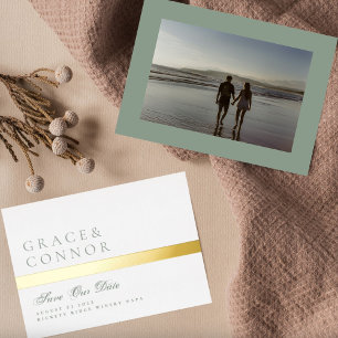 Sage Green Goldenストライプ Photo Save The Date 箔招待状
