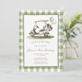 Sage Green Golf Cart Birthday Party gingham 招待状 (スタンド正面)