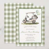 Sage Green Golf Cart Birthday Party gingham 招待状 (正面/裏面)