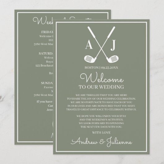 Sage Green Golf Wedding Welcome Note 招待状 (正面/裏面)
