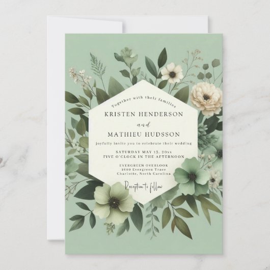 Sage Green Graceful Botanical Wedding 招待状 (正面)