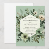 Sage Green Graceful Botanical Wedding 招待状 (正面/裏面)