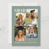 Sage Green Grad Announcement With Photos 招待状 (正面)