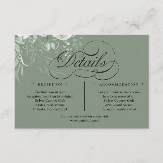 Sage Green Greenery Wedding Calligraphy Details エンクロージャーカード (正面)