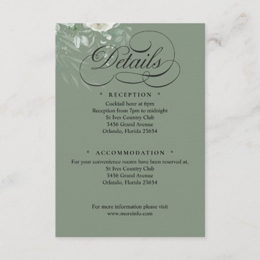 Sage Green Greenery Wedding Calligraphy Details エンクロージャーカード (正面)