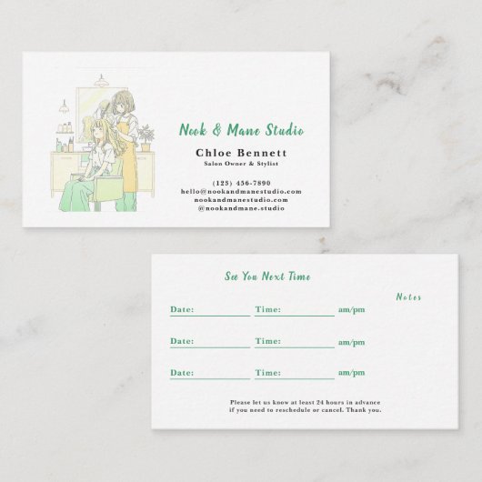 Sage Green Hair Stylist Illustrator Appointment& 名刺 (正面/裏面)