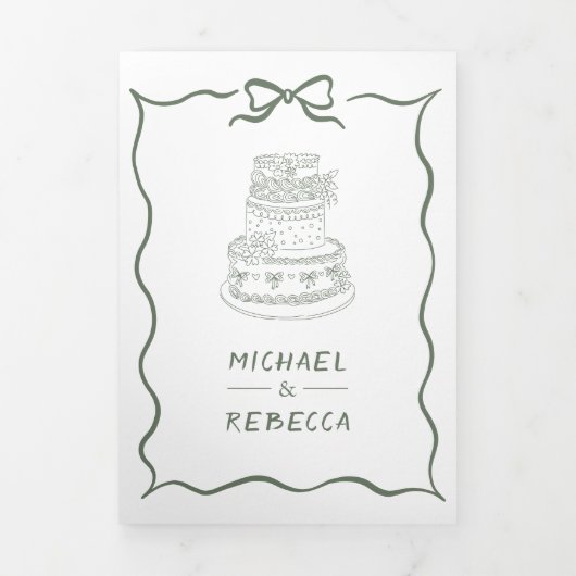 Sage Green Hand Drawn Bow QR Code Photo Wedding 三つ折り招待状 (カバー)