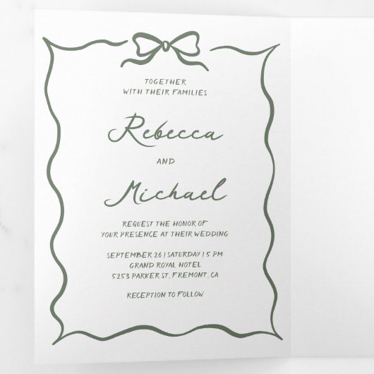 Sage Green Hand Drawn Bow QR Code Photo Wedding 三つ折り招待状 (内部最初)