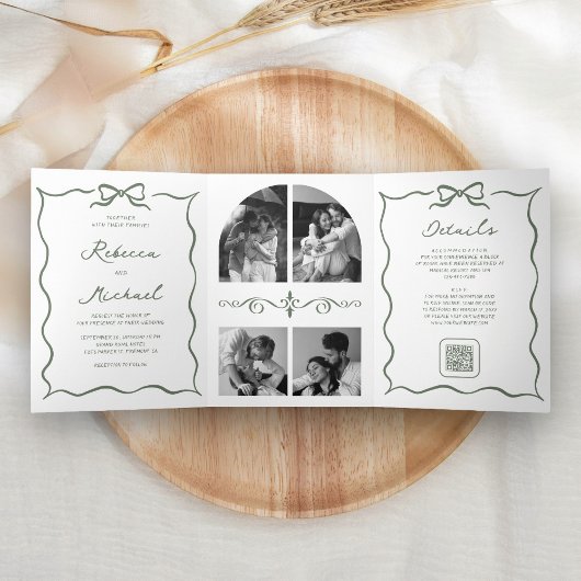 Sage Green Hand Drawn Bow QR Code Photo Wedding 三つ折り招待状