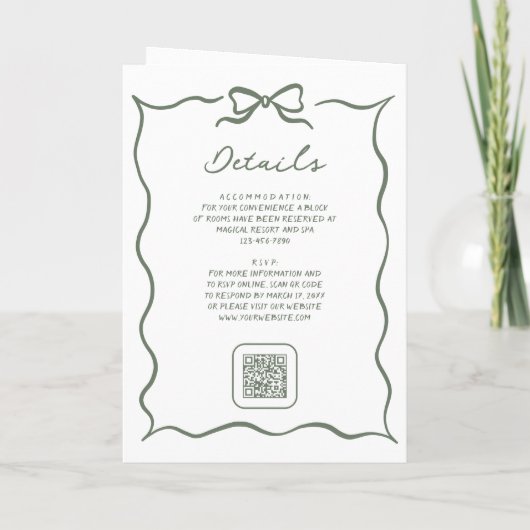 Sage Green Hand Drawn Bow QR Code Photo Wedding 招待状 (裏面)