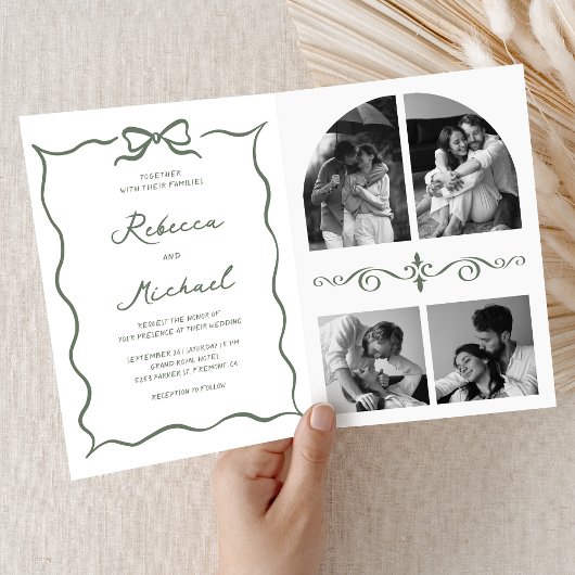 Sage Green Hand Drawn Bow QR Code Photo Wedding 招待状