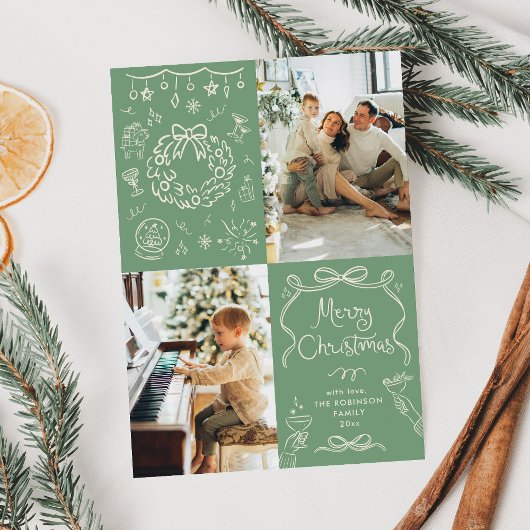 Sage Green Hand Drawn Bows Merry Christmas 2 Photo シーズンカード