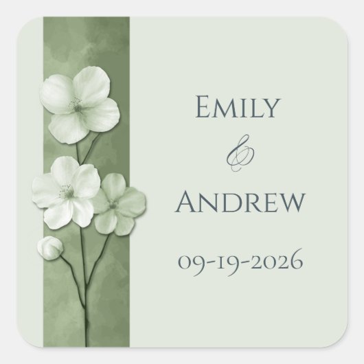 Sage Green Hand Drawn Floral Botanical Wedding スクエアシール (正面)
