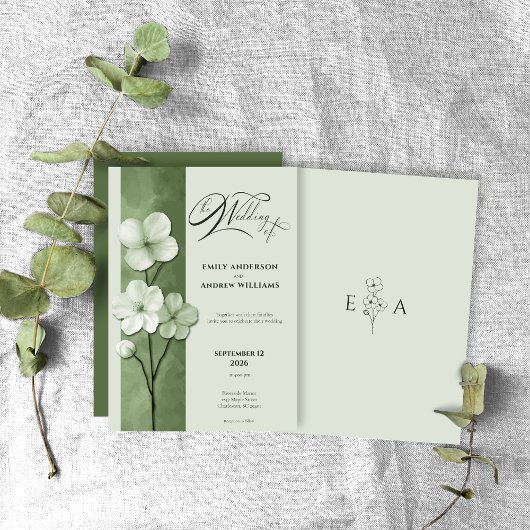 Sage Green Hand Drawn Floral Botanical Wedding 招待状
