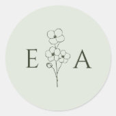 Sage Green Hand Drawn Floral Monogram Wedding ラウンドシール (正面)