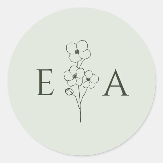 Sage Green Hand Drawn Floral Monogram Wedding ラウンドシール (正面)