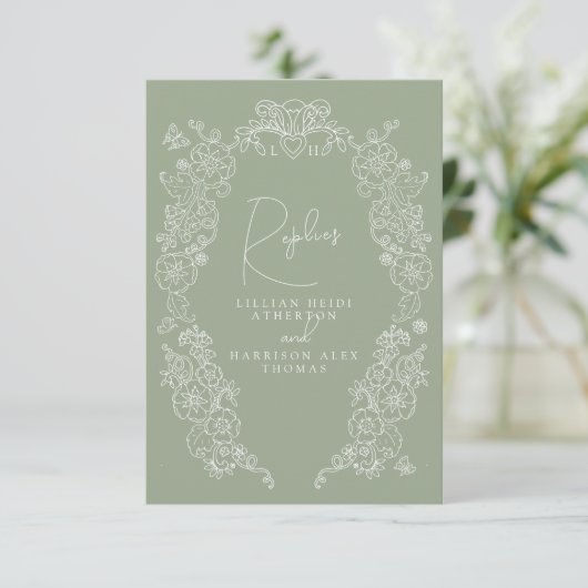 Sage green hand drawn leaf monogram RSVP 結婚's (スタンド正面)