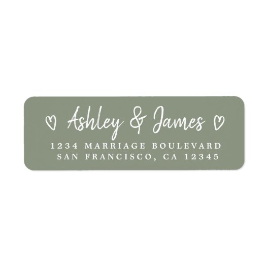 Sage Green Heart Script Couple Return Address ラベル (正面)