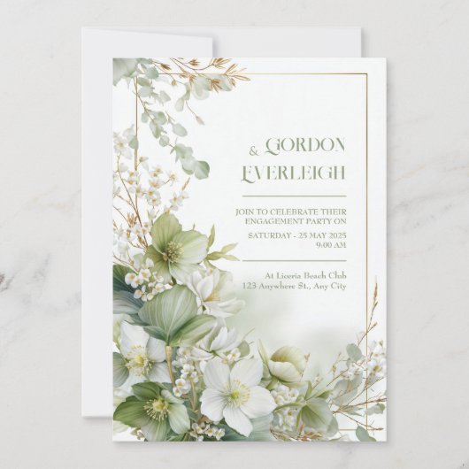 Sage Green Hellebore Botanical Gold Frame Wedding 招待状 (正面)