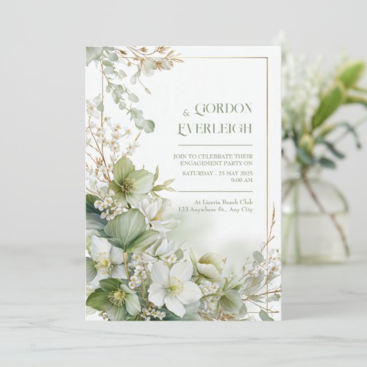 Sage Green Hellebore Botanical Gold Frame Wedding 招待状 (スタンド正面)