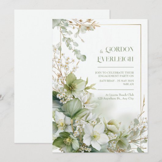 Sage Green Hellebore Botanical Gold Frame Wedding 招待状 (正面/裏面)