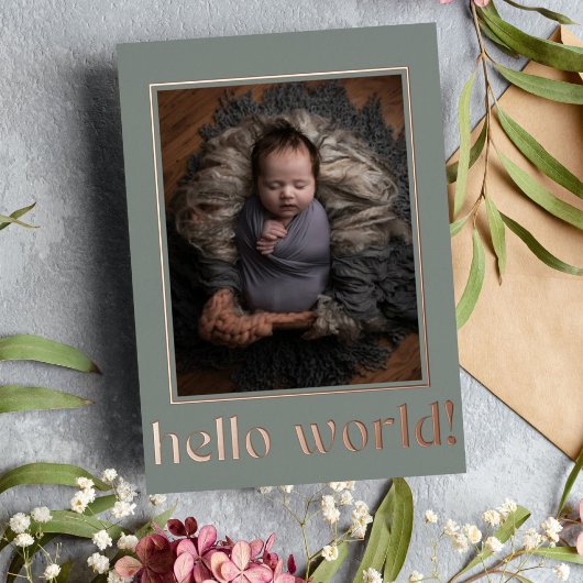 Sage Green Hello World Photo Birth発表 箔招待状