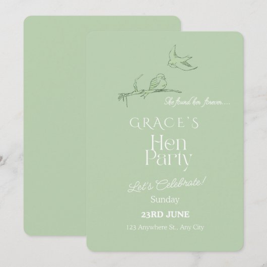 Sage Green Hen Party Invitation | Elegant Minimali 招待状 (正面/裏面)