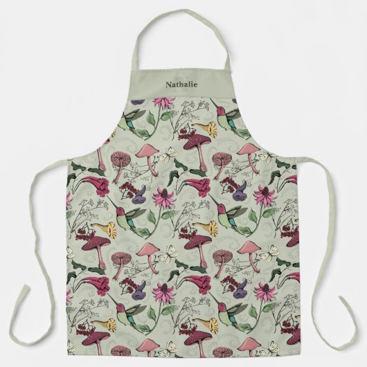 Sage Green Hummingbird Floral Monogrammed エプロン (正面)