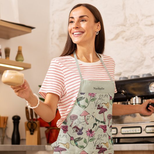 Sage Green Hummingbird Floral Monogrammed エプロン