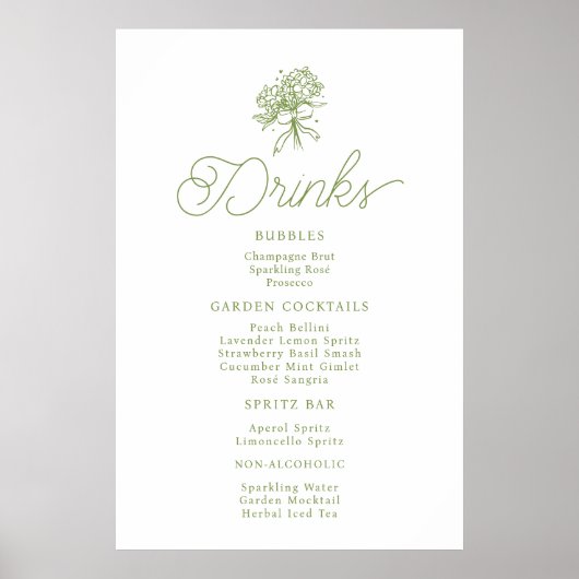 Sage Green Hydrangea Drinks Menu Sign ポスター (正面)