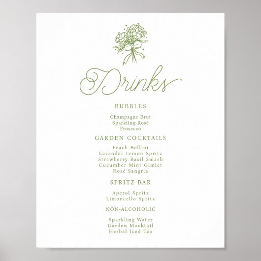 Sage Green Hydrangea Drinks Menu Table Sign ポスター (正面)