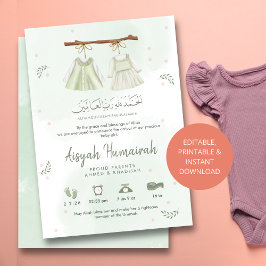 Sage Green Islamic Baby Birth Announcement Card 案内状