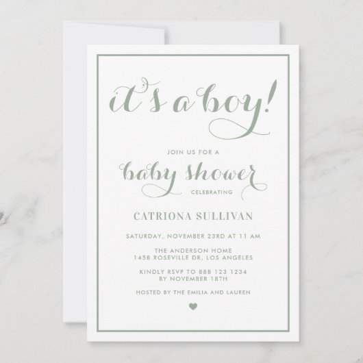 Sage Green It's a Boy Writhaph Baby Shower 招待状 (正面)