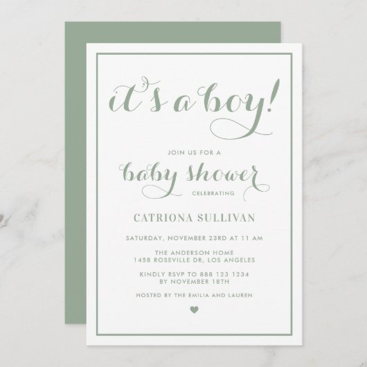 Sage Green It's a Boy Writhaph Baby Shower 招待状 (正面/裏面)