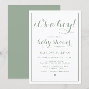 Sage Green It's a Boy Writhaph Baby Shower 招待状