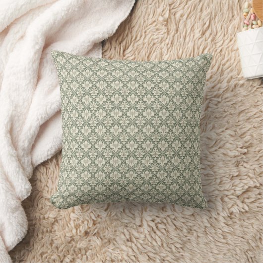 Sage Green & Ivory Damask Print Throw Cushion クッション (ブランケット)