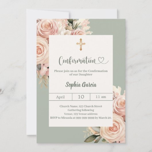 Sage green ivory dusty rose florals Confirmation 招待状 (正面)